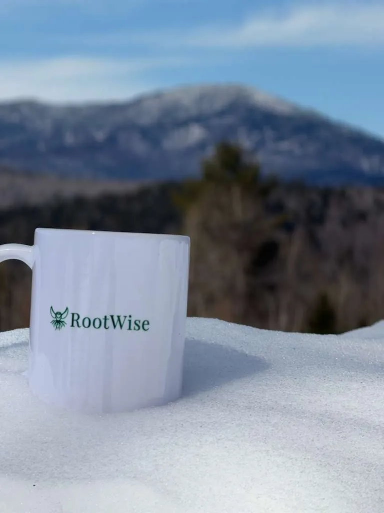 RootWise mug in the snow with mountains in the background